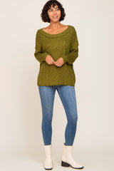 Olive Open Knit Drop Shoulder Sweater