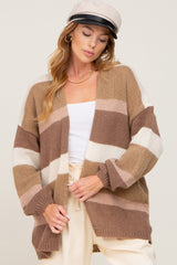 Mocha Striped Open Knit Maternity Cardigan