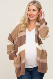 Mocha Striped Open Knit Maternity Cardigan