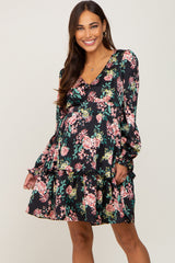 Black Floral V-Neck Satin Maternity Dress