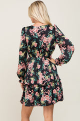 Black Floral V-Neck Satin Dress