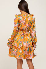 Orange Floral V-Neck Satin Maternity Dress