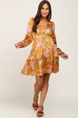 Orange Floral V-Neck Satin Maternity Dress