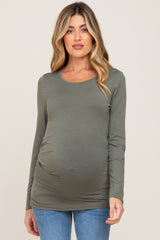 Olive Ruched Side Long Sleeve Maternity Top