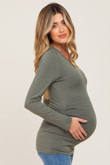 Olive Ruched Side Long Sleeve Maternity Top