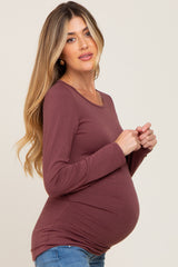 Burgundy Ruched Side Long Sleeve Maternity Top