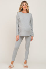 Grey Ribbed Long Sleeve Maternity Pajama Pants Set