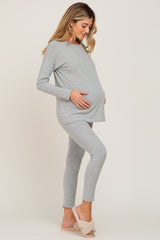 Grey Ribbed Long Sleeve Maternity Pajama Pants Set