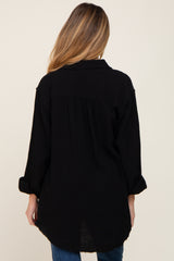 Black Frayed Hem Button Down Maternity Top