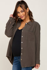 Olive Frayed Hem Button Down Maternity Top