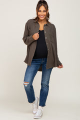 Olive Frayed Hem Button Down Maternity Top