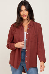 Burgundy Frayed Hem Button Down Maternity Top