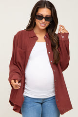 Burgundy Frayed Hem Button Down Maternity Top