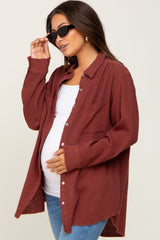 Burgundy Frayed Hem Button Down Maternity Top