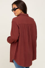 Burgundy Frayed Hem Button Down Maternity Top