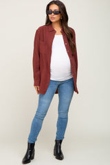 Burgundy Frayed Hem Button Down Maternity Top