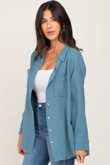 Blue Frayed Hem Button Down Top