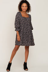 Black Floral Squared Neck 3/4 Sleeve Dress