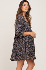 Black Floral Squared Neck 3/4 Sleeve Maternity Dress