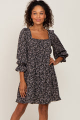 Black Floral Squared Neck 3/4 Sleeve Dress