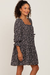 Black Floral Squared Neck 3/4 Sleeve Dress