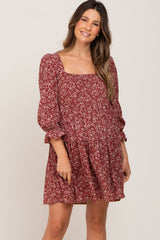 Burgundy Floral Squared Neck 3/4 Sleeve Maternity Dress