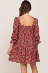 Burgundy Floral Squared Neck 3/4 Sleeve Maternity Dress