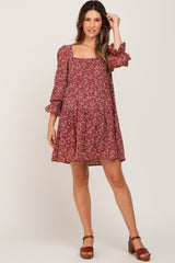 Burgundy Floral Squared Neck 3/4 Sleeve Maternity Dress