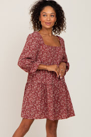 Burgundy Floral Squared Neck 3/4 Sleeve Dress