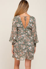 Sage Floral Chiffon Pleated Long Sleeve Maternity Dress