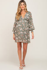 Sage Floral Chiffon Pleated Long Sleeve Maternity Dress