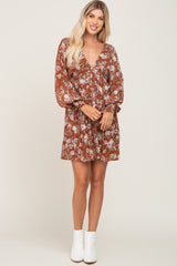 Camel Floral Chiffon Pleated Long Sleeve Dress