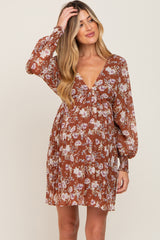 Camel Floral Chiffon Pleated Long Sleeve Maternity Dress