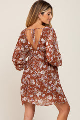 Camel Floral Chiffon Pleated Long Sleeve Maternity Dress