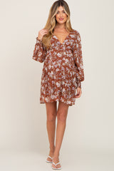 Camel Floral Chiffon Pleated Long Sleeve Maternity Dress