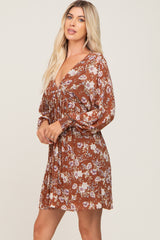 Camel Floral Chiffon Pleated Long Sleeve Dress