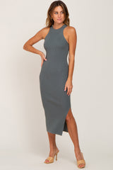 Olive Ribbed Sleeveless Side Slit Maternity Midi Dress