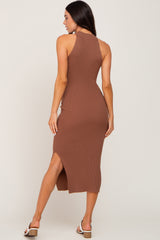 Mocha Ribbed Sleeveless Side Slit Maternity Midi Dress