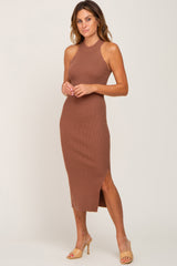 Mocha Ribbed Sleeveless Side Slit Maternity Midi Dress