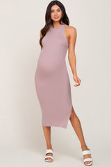 Mauve Ribbed Sleeveless Side Slit Maternity Midi Dress