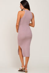 Mauve Ribbed Sleeveless Side Slit Maternity Midi Dress