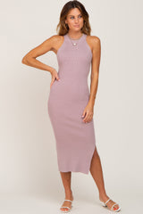 Mauve Ribbed Sleeveless Side Slit Midi Dress