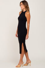 Black Ribbed Sleeveless Side Slit Midi Dress