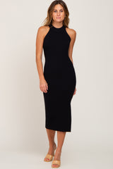 Black Ribbed Sleeveless Side Slit Midi Dress