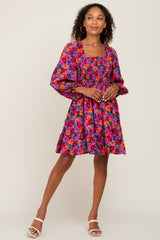 Magenta Floral Smocked 3/4 Sleeve Dress