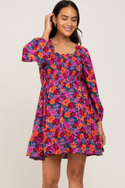 Magenta Floral Smocked 3/4 Sleeve Maternity Dress