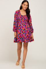 Magenta Floral Smocked 3/4 Sleeve Maternity Dress