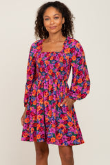 Magenta Floral Smocked 3/4 Sleeve Maternity Dress