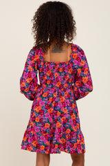 Magenta Floral Smocked 3/4 Sleeve Dress