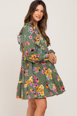 Green Floral Ruffle Accent Long Sleeve Maternity Dress